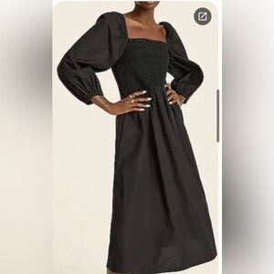 J Crew Smocked 100% Linen Midi Dress Long Sleeve Black Size M